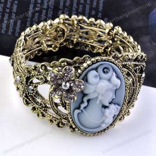New Lady Vintage Bronze Crystal Hollow Blue Cameo Beauty Bangle 