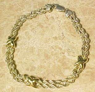 Two Strand Sterling Silver Rope Bracelet w/ 14KT Gold Accents 7 1/2 