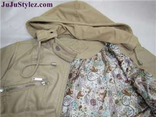 New JouJou Tan Faux Leather Zip Up Bomber Detachable Hooded Jacket 