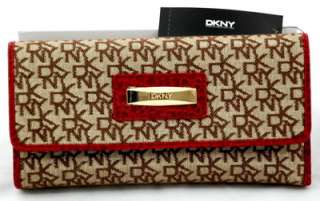 DKNY WOMENS FRENCH GRAIN LEATHER CHINO RED TRI FOLD CLUTCH WALLET NWT 