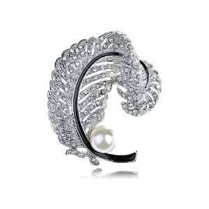 Cute Silver Tone Clear Crystal Rhinestone Faux Pearl Bead Feather Pin 