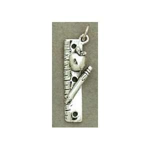   Sterling Silver Charm 1.125 in Ruler with Apple and #2 Pencil Jewelry