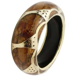 Brown Wood with Gold Curve and Dots Pattern Bangle 