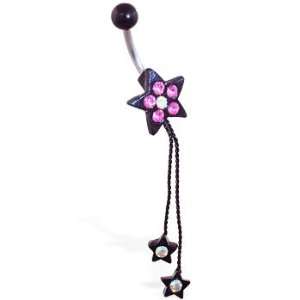  Black coated jeweled star navel ring with dangling stars 