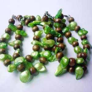  Green Freshwater Pearls and Brown Beads Bracelet 