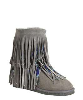 Koolaburra grey suede Sophie short fringed shearling boots   