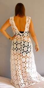 Vintage 60s CROCHET LACE Low Back WHITE Runway MAXI Party BEACH 
