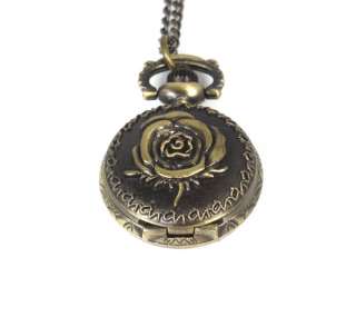 Retro Copper Rose Flower Women Vintage Pendent Necklace Quartz Watch 