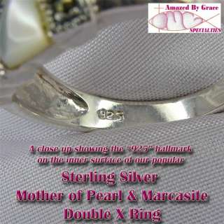 Solid Sterling Silver Mother of Pearl Inlays and Marcasite XX Ring sz 