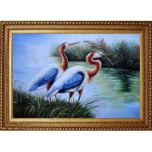 Pair of Great Egret Heron Birds Oil Painting, with Exquisite Dark Gold 