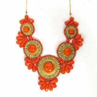   Metal Bib Necklace XL Pick Turquoise or Orange Beads Medallion  