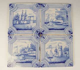 Set of 4 Dutch Delft Tile Water Scene Castle Ca. 1825  