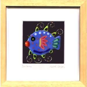  Fused Glass Framed Art, Puffer Fish Blue