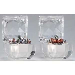  Set of 2 Icy Crystal Scenic Christmas Music Boxes