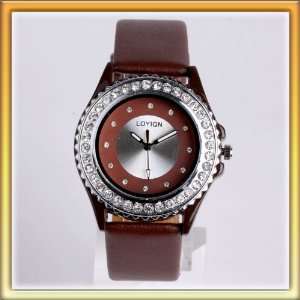 Fashion brown round full drill dial+brown imitation leather strap Lady 