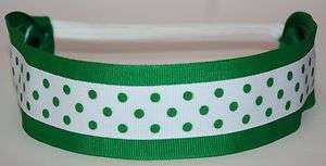 Girls Ribbon Headband Green & White w/ Dots St. Patricks Day 