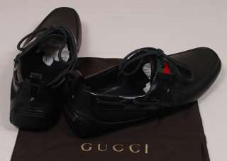 GUCCI SHOES $495 BLACK LOGO GROSGRAIN VAMP TIED DRIVERS 9.5 42.5e NEW 