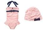 NWT Janie & Jack Capri Villa Swimsuit & Cap 4 5 6 Dot Sash Pink Navy 