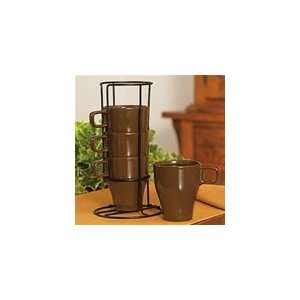  Nesting Ceramic Mug Set with Wrought Iron Holder Kitchen 
