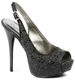 Black Glitter Heel Slingback Open Toe Platform Pump  