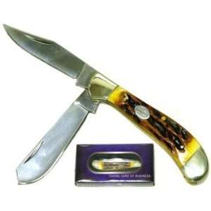 2 Blade Saddlehorn Folding Pocket Knife   Honey Brown 