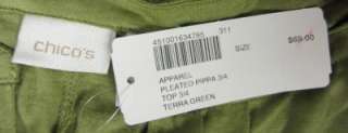 CHICOS APPAREL PLEATED PIPPA TOP TERRA GREEN NWT $69 CHICOS SIZE 3 