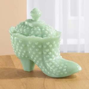 VINTAGE REPLICA JADE GREEN GLASS HOBNAIL SHOE CANDY DISH NEW  