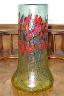 HELD Red California Poppy Flared Cone Art Glass Vase  
