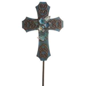   Rustic Cross Garden Stake with Flowers and Butterfly