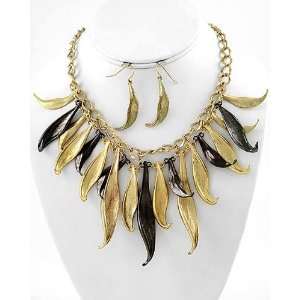  Two Tone Feather Charm Necklace and Earrings Set Jewelry