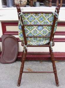 Wooden Painted Brown High Chair for Children w/ Quilted Green & Blue 