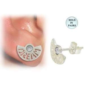   Silver Stud Earrings with the word Dream and Clear Jewel Jewelry