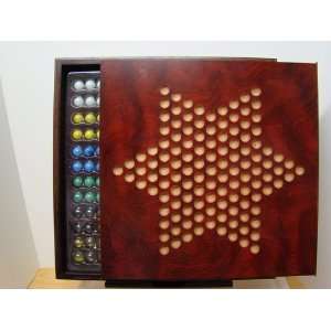    MAHOGANY WOODEN CHINESE CHECKERS GAME WITH STORAGE 