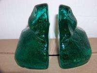 BLENKO Heavy Chunky Clear GREEN GLASS DUCK Paperweight BOOKENDS w 