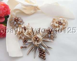 Pearl&Shell&Crystal Flower Statement Necklace  