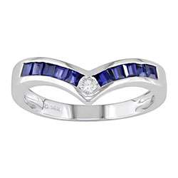 14k White Gold Diamond and Blue Sapphire Chevron Ring  