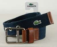 LACOSTE Navy Blue Cotton Logo Belt with Leather Detail for Men [NEW 