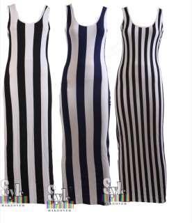 Women Drape Striped Dress Monochrome BLACK WHITE VERTICAL STRIPE LONG 