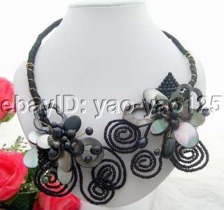 Charming Black Pearl&Shell Flower&Crystal Necklace  
