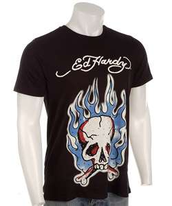 Ed Hardy Mens Flaming Skull Rhinestone T shirt  