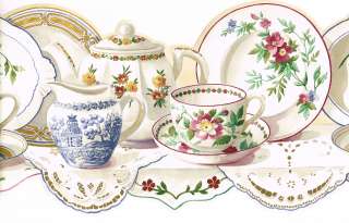   Vintage Teapot Tea Cup China Dish Plate Saucer Shelf Wall paper Border