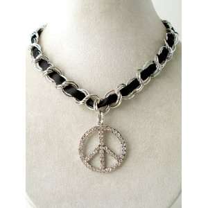   Peace Sign Silvertone Necklace with Black Ribbon