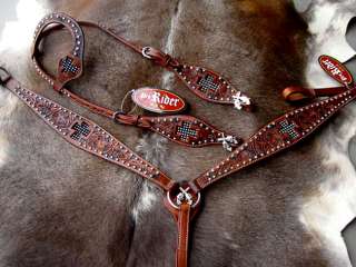 BRIDLE BREAST COLLAR WESTERN LEATHER HEADSTALL TACK CROSS GUN CRYSTALS 