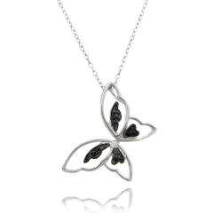  Silver Black Diamond Accent Butterfly Necklace  