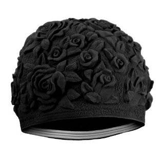 Retro Floral Swim Cap with Embossed Flower Pattern   Black
