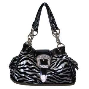   & Silver Zebra Handbag Purse with Rhinestone Buckle