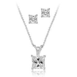 Icz Stonez Sterling Silver CZ Square Solitaire Necklace/ Earring Set 