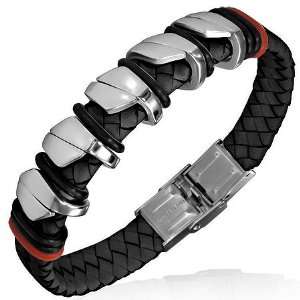  Stainless Steel Silver Tone Black Braided Leather Mens 