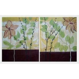  Blooming Flowers with Green Leaves   2 Canvas Set Oil 