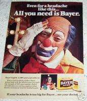 1980 ad Bayer Aspirin AD   clown headache pain juggling  